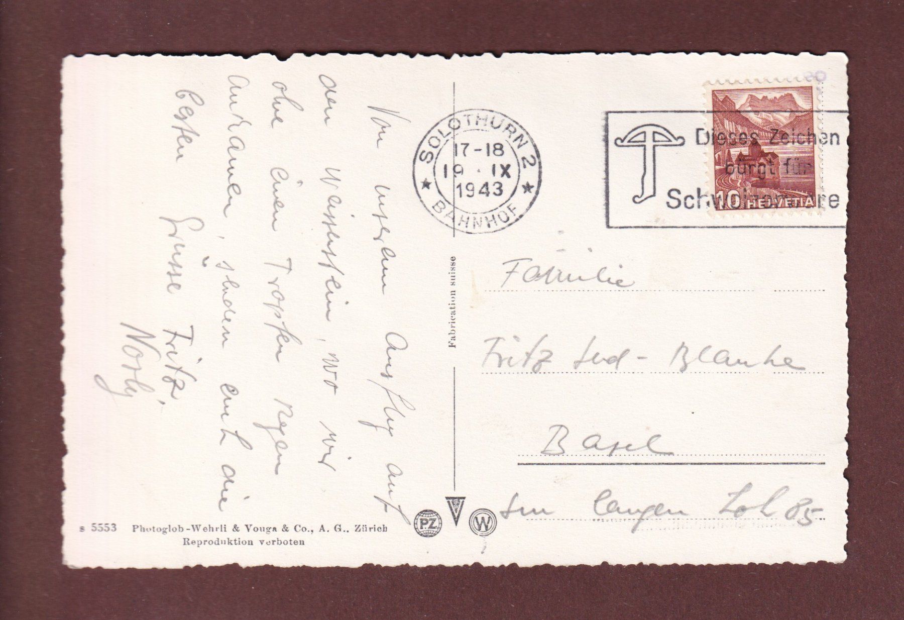 Cartoline postali: SOLOTHURN - Baseltor - St. Ursusturm - 1943 – Usato da Pully venduto da nicecards-shop 1