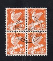 Timbres suisses 1932 - Bloc de 4 oblitérés - 10 c. orange