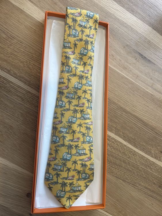 Cravate En Soie Italienne Firenze Jaune Or Motifs Marron - Occasion TBE