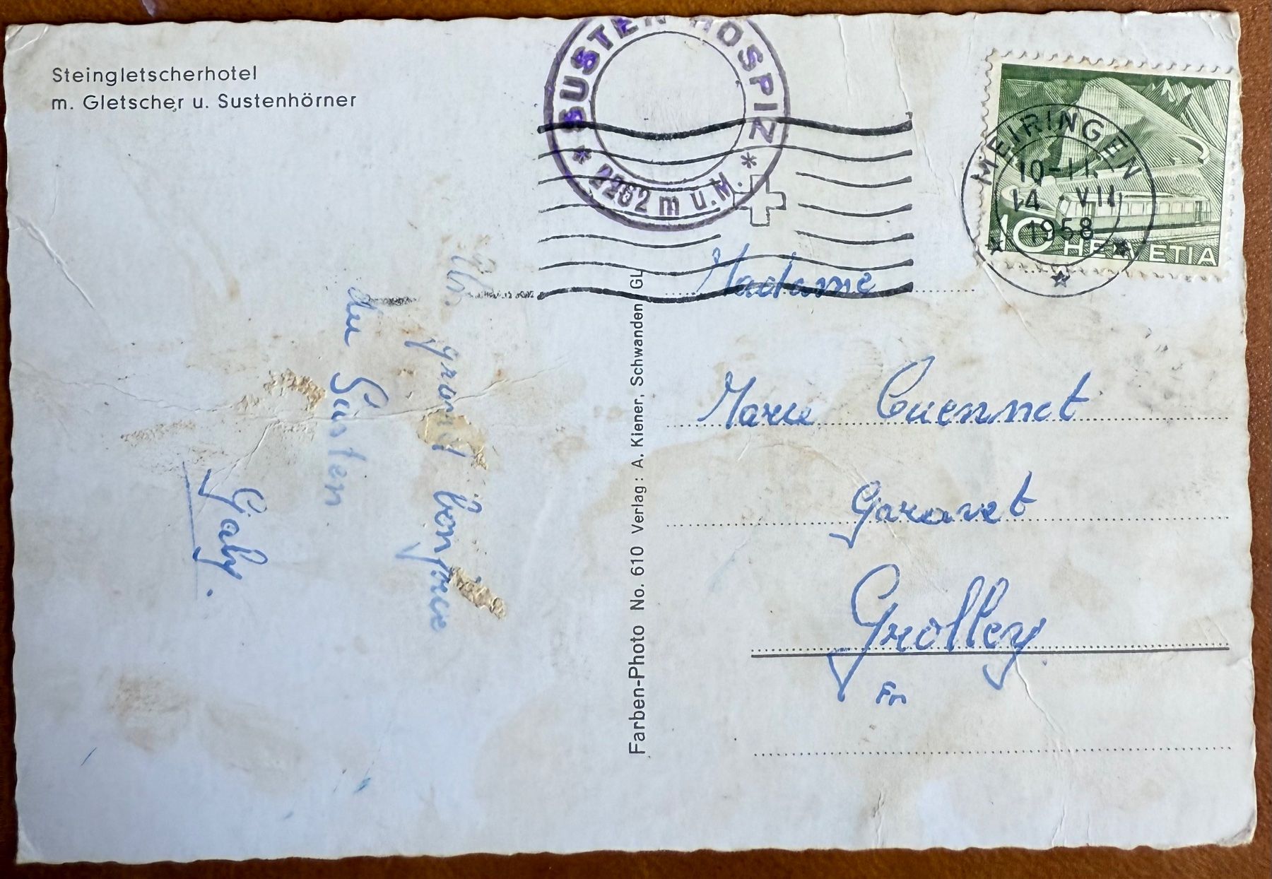 Ansichtskarten: Steingletscher - Sustenhorner 1958 – Gebraucht aus Lutry von Ediego 1