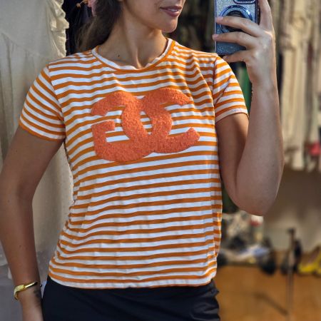 Gestreiftes Baumwollshirt CC Style Orange Weiß Gr. 38/40