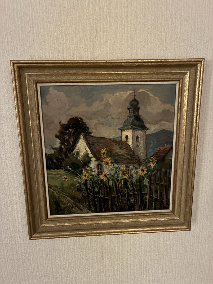 Foto & Immagini: Ölgemälde mit Rahmen, Kirche mit Sonnenblumen, Herbst. – Usato da Winterthur venduto da Slamjam83