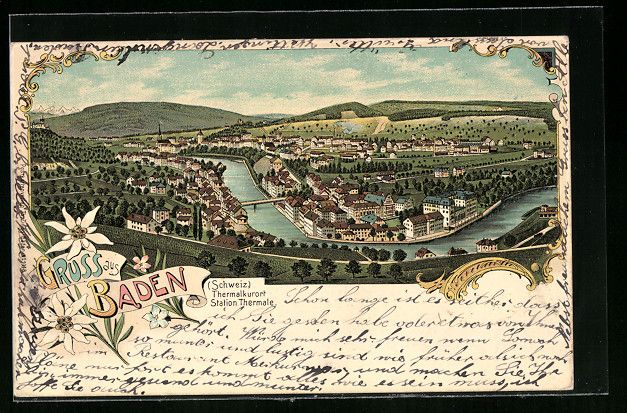 Ansichtskarten: Litho Baden, Totalansicht mit Weitblick – Gebraucht aus Berlin von bartko-reher