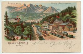 LITHO Gruss vom BRÜNIG Kurhaus & Bahnhof mit Bahn