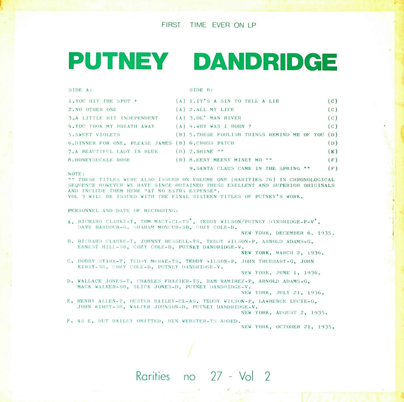 Dischi in vinile: Jazz LP: Putney Dandridge "Vol. 2" (Rarities) – Usato da Hochfelden venduto da mue_lhm9 1