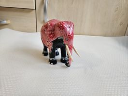 Holz Elefant Figur Deko Rosa Schwarz Indien Handarbeit