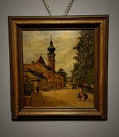 Vintage deutsches Stadtbild mit Kirchturm, signiert, gerahmt