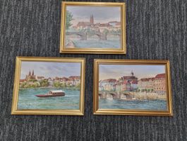 3er Serie Ölgemälde E. Kurti, Basel Stadt Rhein Motive