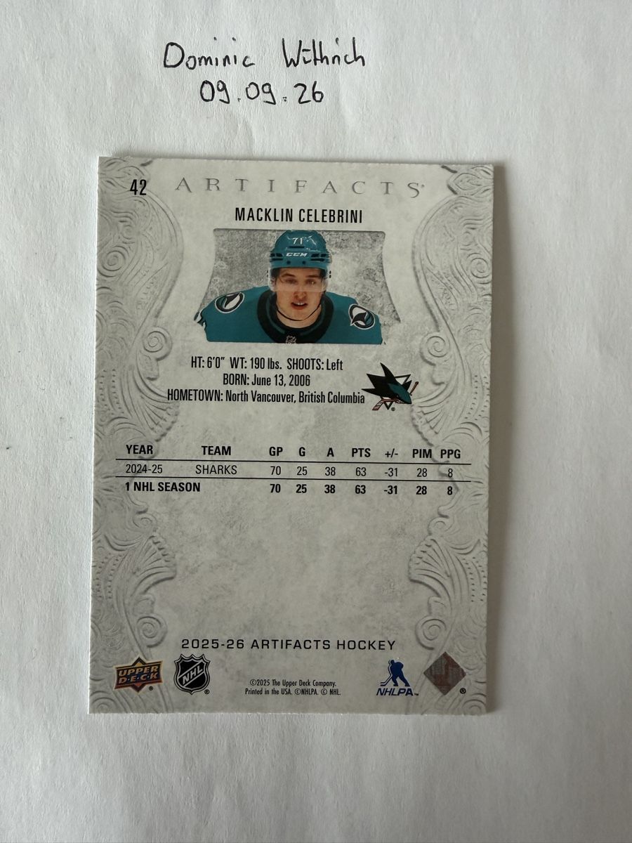 NHL Carte collezionabili: 2025-26 Upper Deck Artifacts Macklin Celebrini #42 – Nuovo (secondo la descrizione) da Düdingen venduto da doems72 1