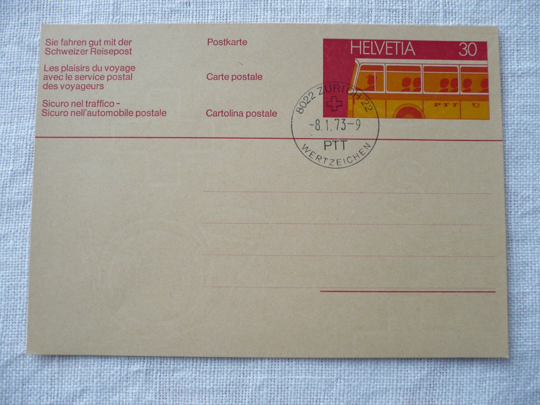 Tutti i francobolli: 1973 Postkarte 30 Rp. ET – Usato da Zürich venduto da saltandpepper008