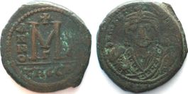 Byzanz MAURICIUS TIBERIUS AE Follis 30mm Theupolis 591