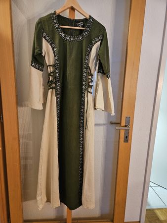 Mittelalter Baumwollkleid Grün/Natur