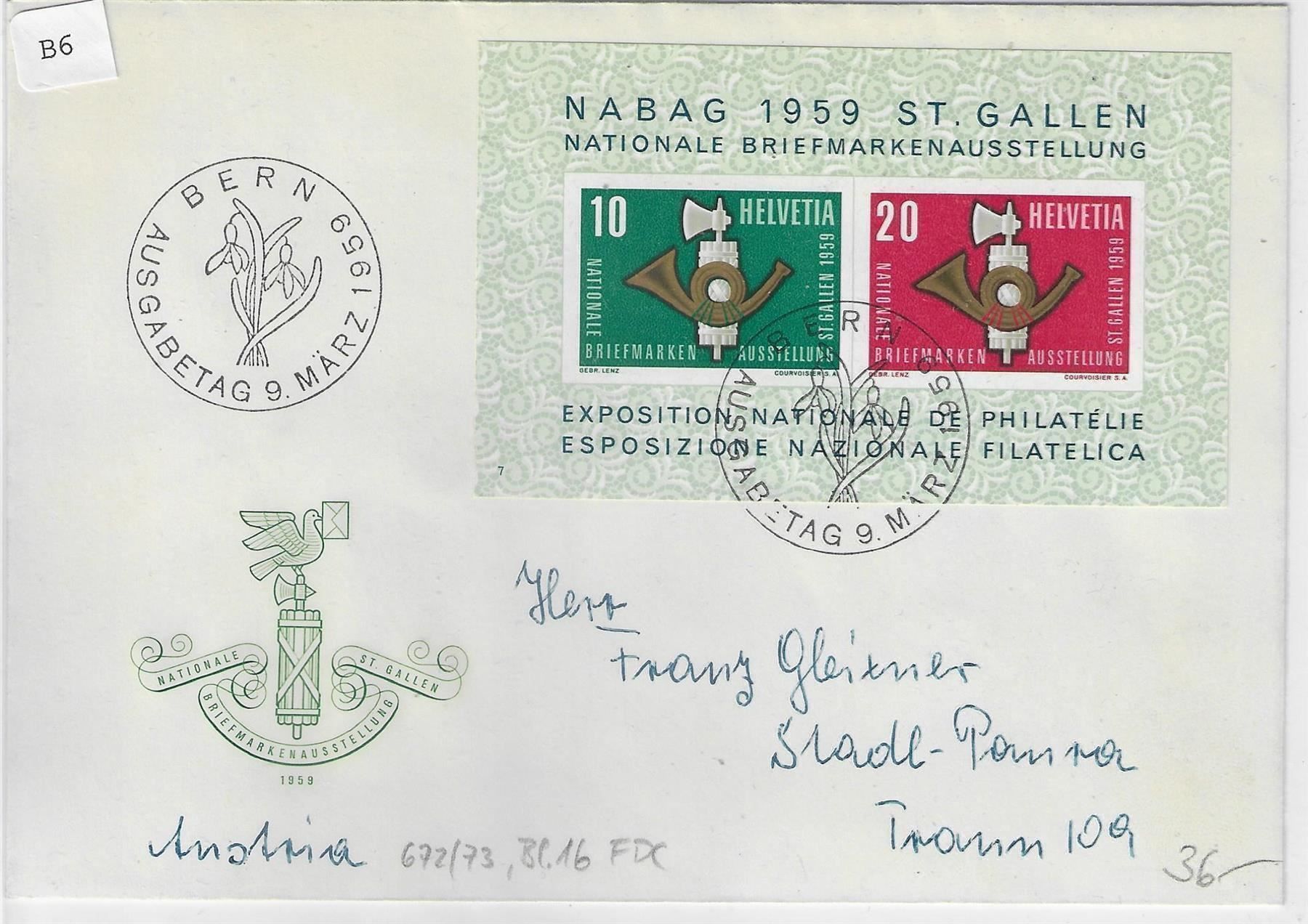 Tous les timbres: NABAG 1959 St. Gallen FDC 9.3.59 - W38 – Neuf avec emballage d'origine à Ettingen par Kartenplanet