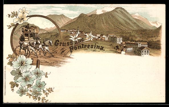 Cartoline postali: Litho Pontresina, Ortsansicht mit Bergen – Usato da Berlin venduto da bartko-reher