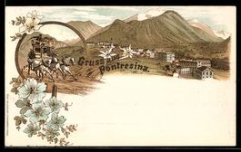 Litho Pontresina, Ortsansicht mit Bergen
