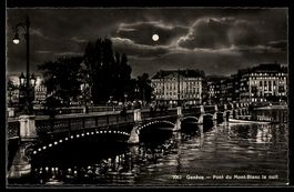 AK Genève, Pont du Mont-Blanc la nuit
