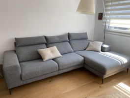 Canapé d'angle tissu bleu/gris chiné état neuf 