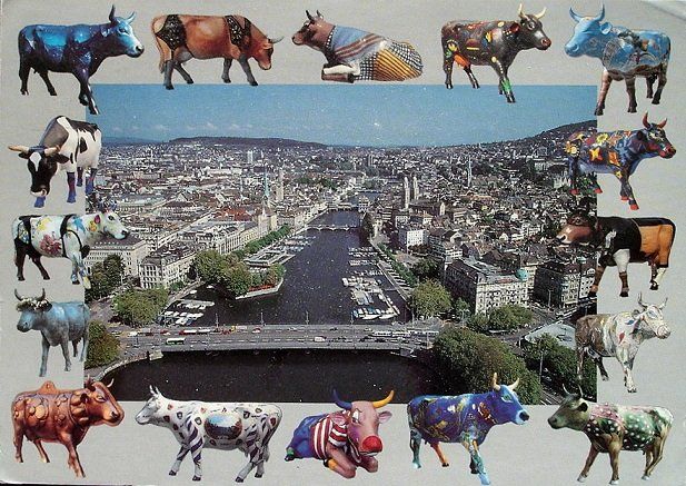 Ansichtskarten: ZÜRICH Flugaufnahme, Kühe – Gebraucht aus Jona von philajona
