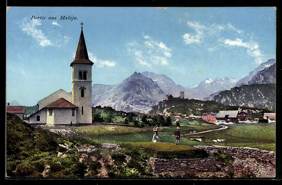 Cartoline postali: AK Maloja, Ortspartie an der Kirche – Usato da Berlin venduto da bartko-reher