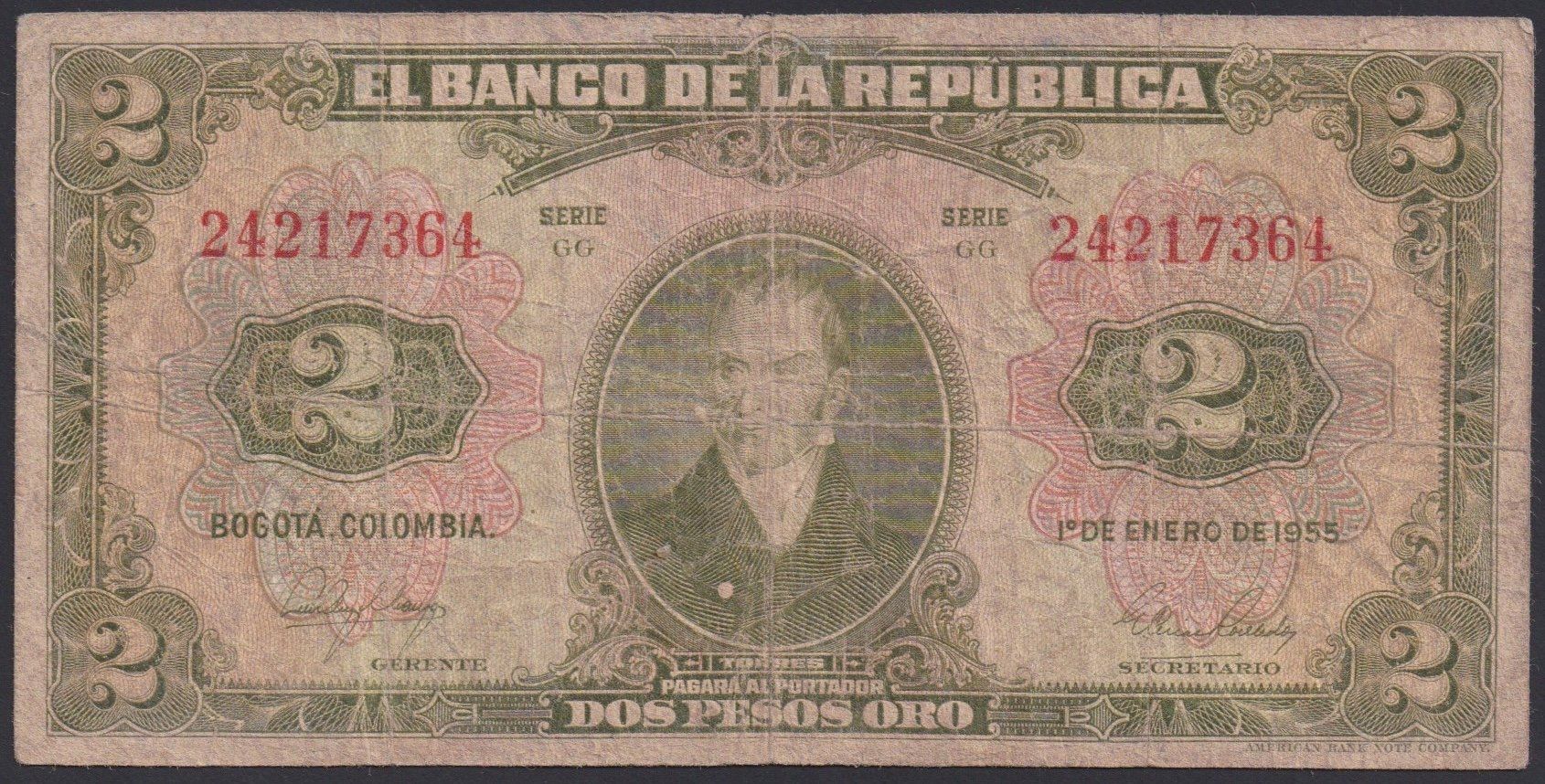 Banknoten: Kolumbien 2 Pesos 1955 – Gebraucht aus Brugg AG von banknoten_muesli