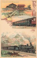 Gotthardbahn Bahnwärterhaus Speisewagen und Zug Litho bahn