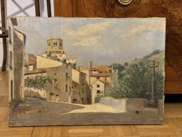 Dipinto ad olio antico, paesaggio italiano, firmato