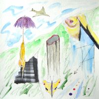 Surreales Gemälde: Papillon auf der Treppe