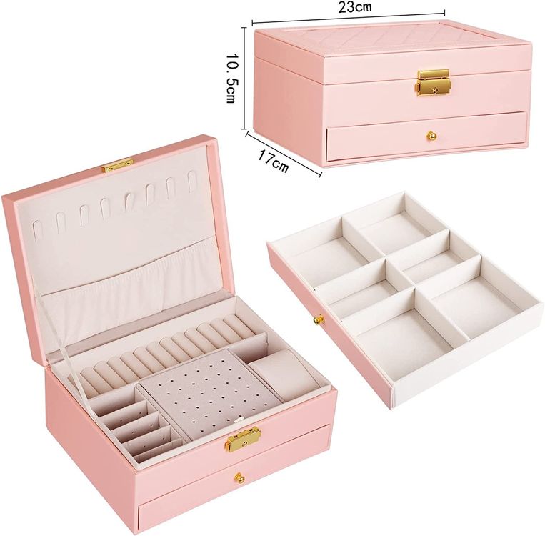 Schmuckkästchen 2 Ebenen - Mit Spiegel & Schloss - PU Leder Weiß - Für Ringe & Ketten