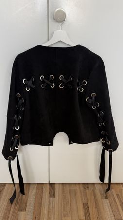 Black Cropped Jacket Fake Suede Leather – S