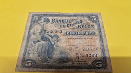 5 Francs Kongo-Belgien Geldschein, Jahrgang 1951, Top