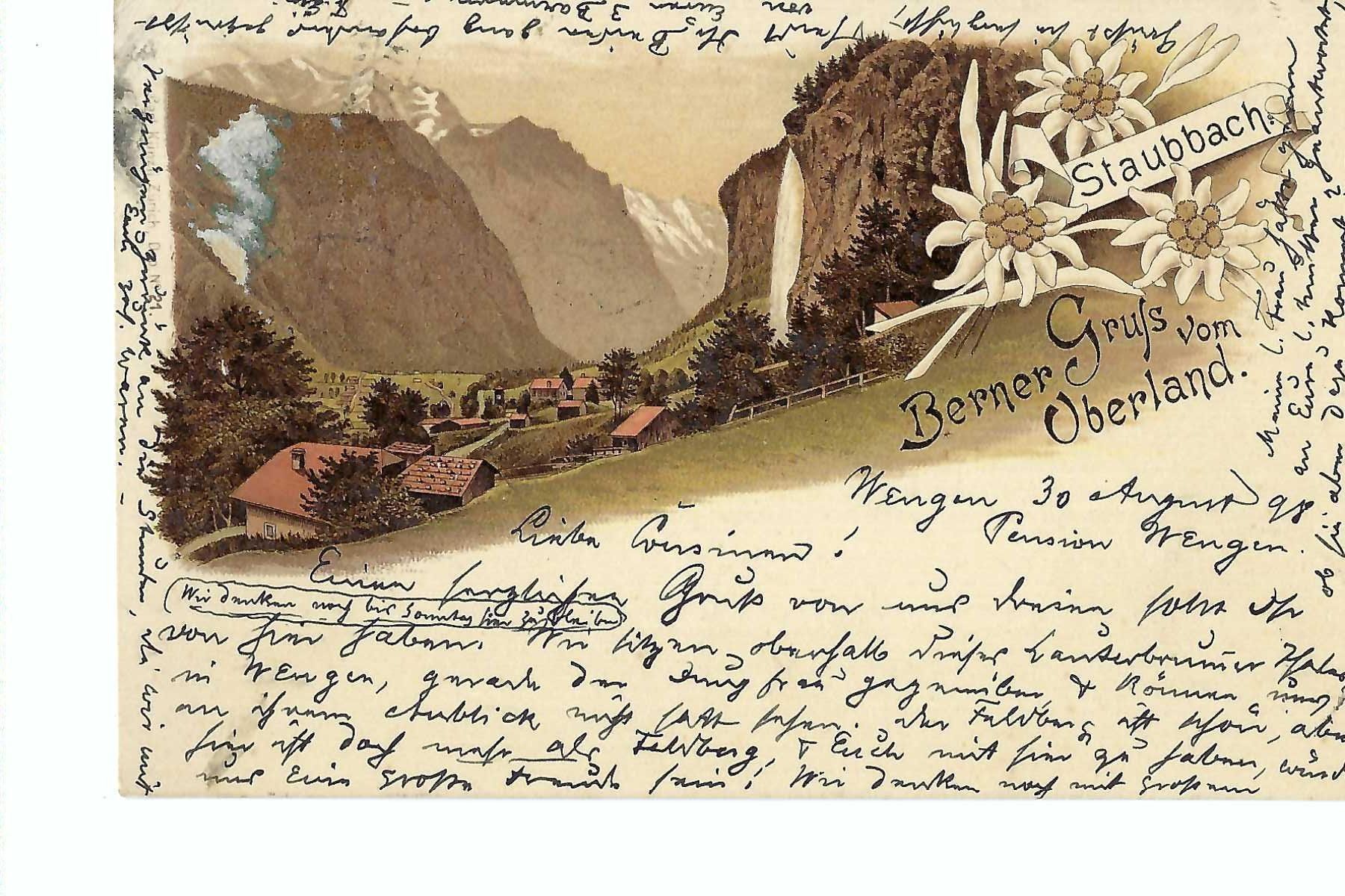 Ansichtskarten: Litho: Gruss vom Berner Oberland, Staubbachfall 1898 – Gebraucht aus Thun von 44wart