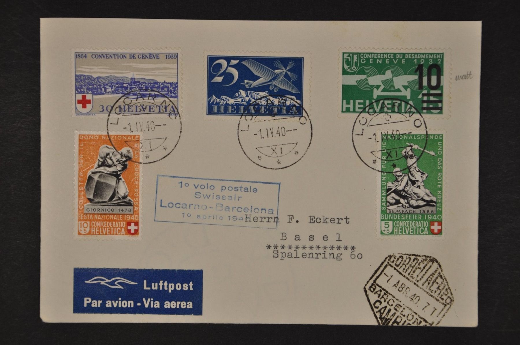 Tutti i francobolli: 1940 Flug Locarno-Barcelona – Usato da Wolfhalden venduto da Zinauktion