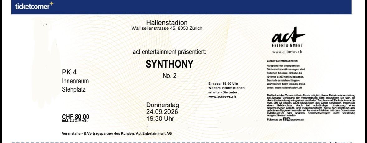 Biglietti: TICKET SYNTHONY 2026 – Nuovo e nell'imballaggio originale da Richterswil venduto da Paggio 1