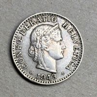 2 Abart 20 Rappen Schweiz 1943 geschlossene 4 + Stempelriss