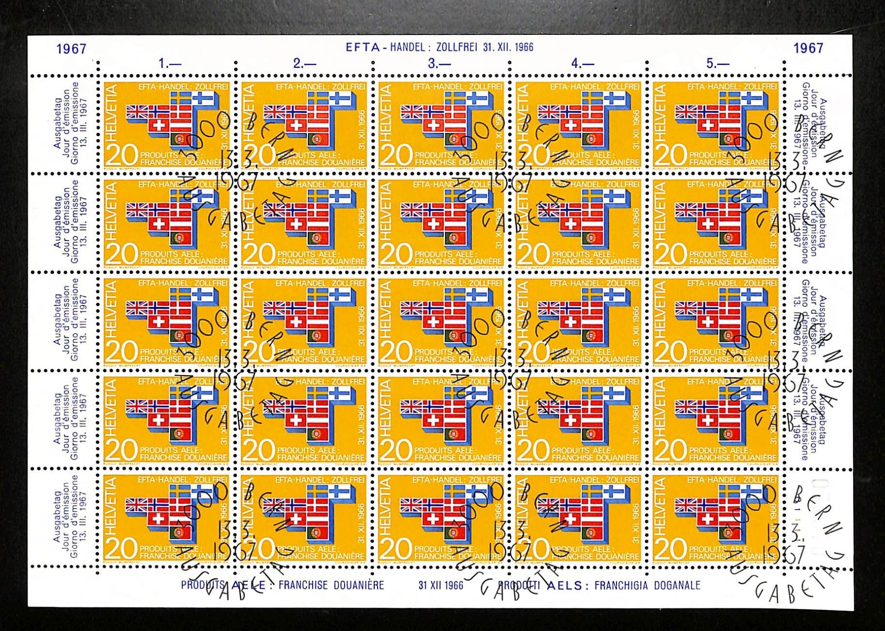 Alle Briefmarken: 1967 Bogen EFTA - HANDEL ZOLLFREI ERSTTAG – Gebraucht aus Zürich von Nobs1