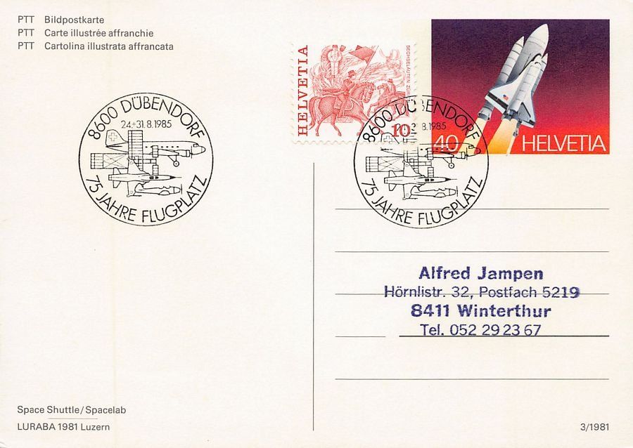 Cartoline postali: Space Shuttle Stempel 75 Jahre Flugplatz Dübendorf 1985 – Usato da Frauenfeld venduto da POML 1