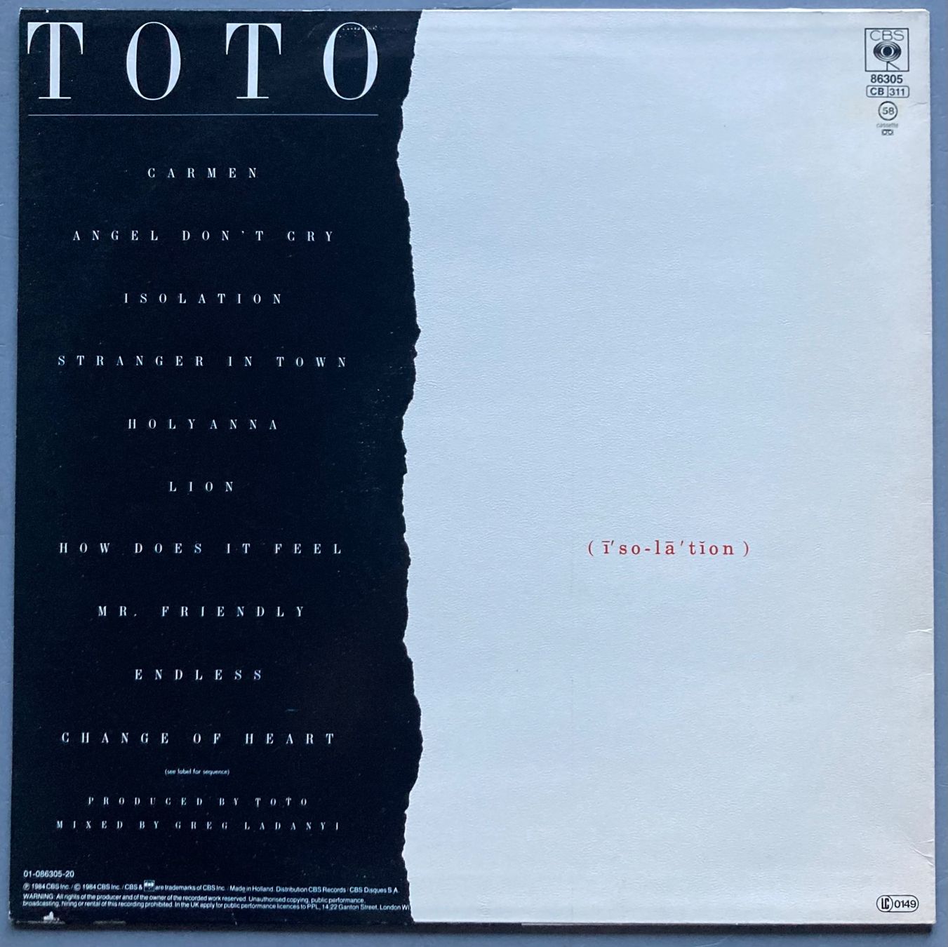Vinyles: TOTO - ISOLATION – D'occasion à Poliez-Pittet par Newtown-Records 1