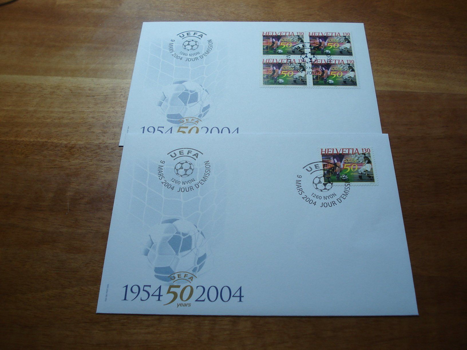 Alle Briefmarken: 50 Jahre UEFA 2004, FDC Einzel + 4erblock – Gebraucht aus Niederwil AG von morostahu 1