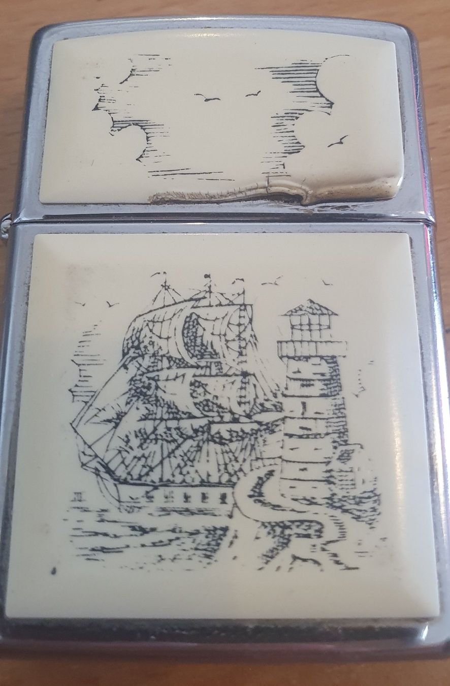 Zippo Accendini: Zippo Scrimshaw Ship Lighthouse 1992 – Usato da Bern venduto da Llu 1