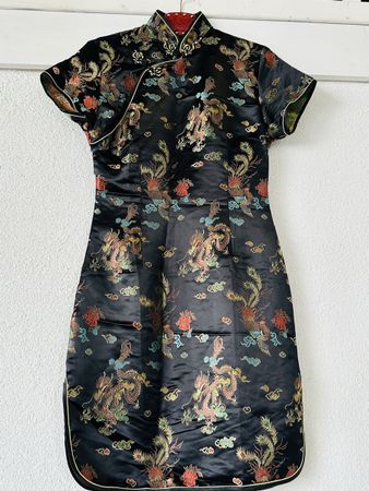 Black Dragon Print Cheongsam Dress, Size S/M