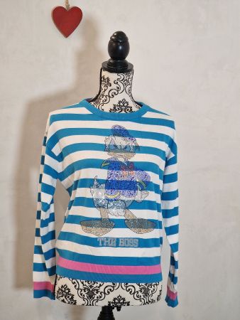 Damen Pullover gestreift Donald Duck Motiv Blau Weiss 34 neu