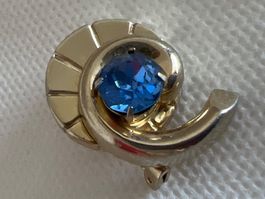 Goldige Vintage Brosche mit blauem Schmuckstein, Top!