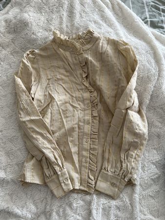 Monoprix Bluse, Beige/Gold gestreift, Rüschen, Gr. 38