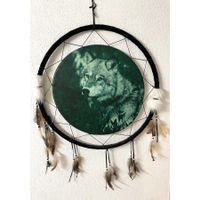 Traumfänger Spezialgrösse 60 cm, Sujet Wolf, Federn Leder