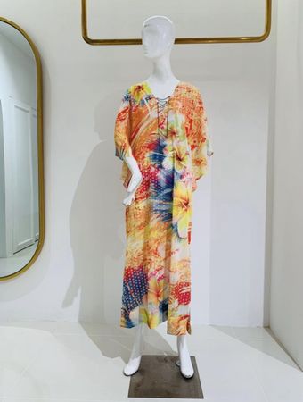 Kaftan dress silk crepe floral vibrant💛🧡