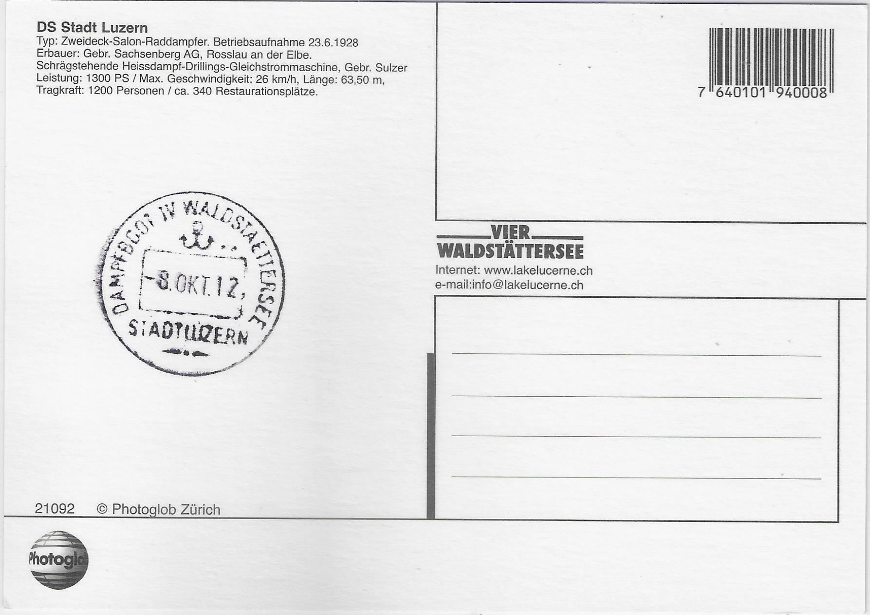 Cartoline postali: Vierwaldstättersee - DS Stadt Luzern – Usato da Ettingen venduto da Kartenplanet 1