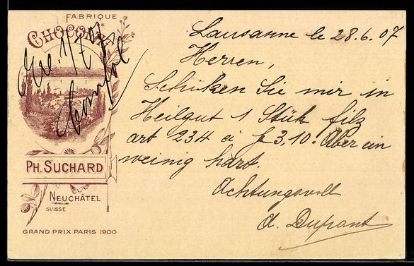 Cartoline postali: Litho Neuchâtel, Chocolat Ph. Suchard – Usato da Berlin venduto da bartko-reher