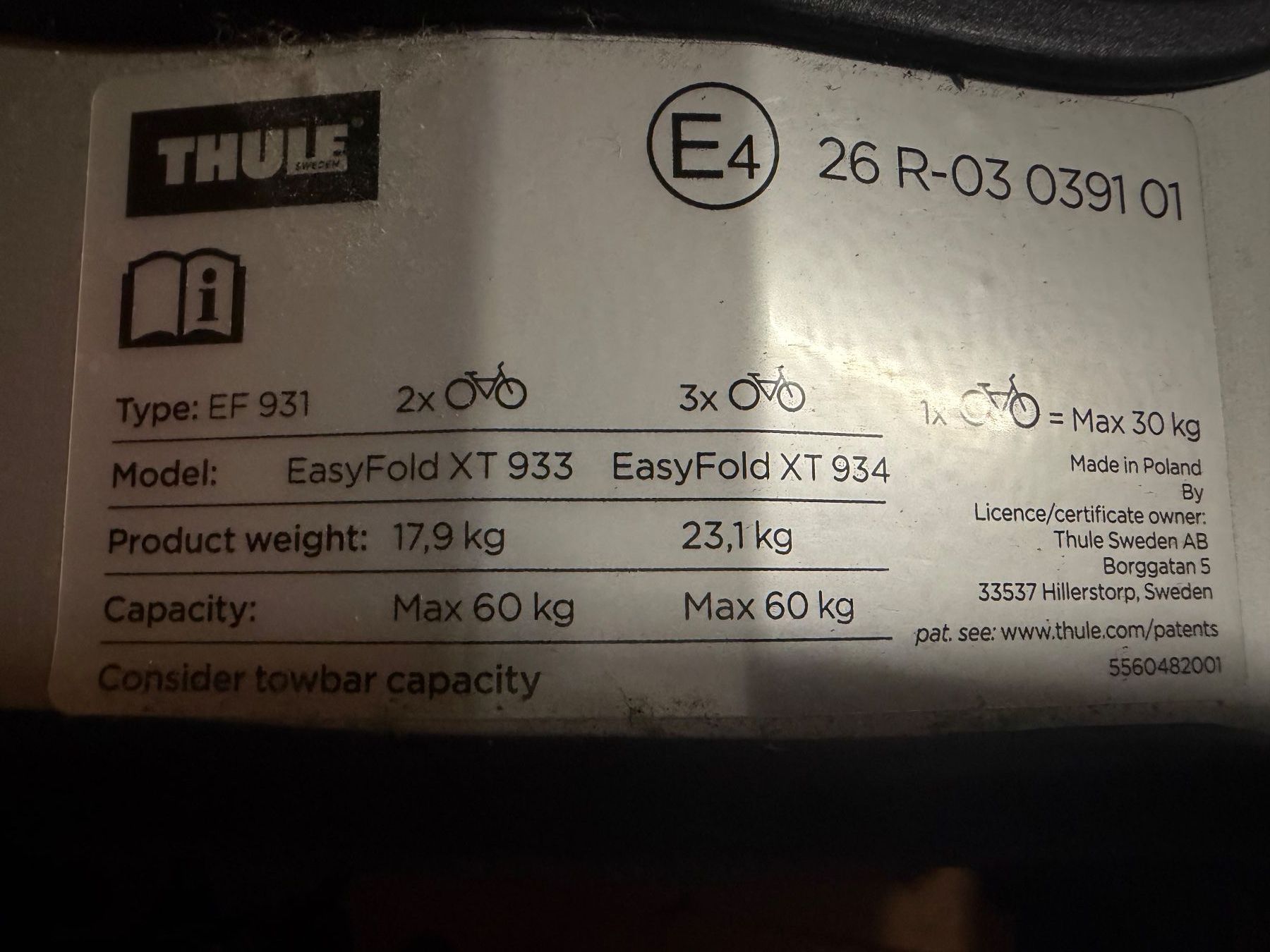Thule Tutti pezzi di ricambio auto: Porte-vélos Thule EasyFold XT 934 pour 3 vélos – Nuovo (secondo la descrizione) da Sion venduto da urs_qt2f 2