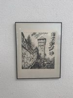 Vintage Gerahmte Kunstgrafik Wehrturm signiert Bianca Mathys