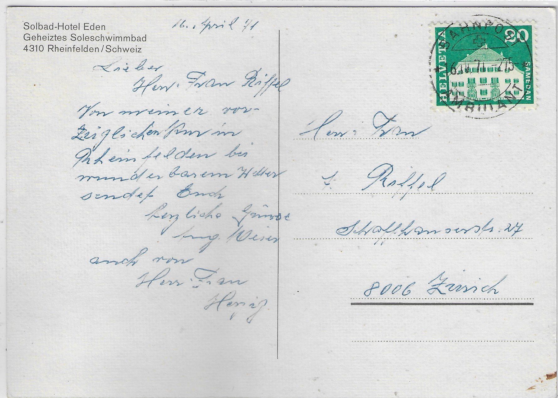 Cartoline postali: Solbad-Hotel Eden - Rheinfelden – Usato da Ettingen venduto da Kartenplanet 1